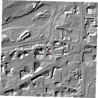 Shaded relief map of the ground around SW1P3AT, computed from Environment Agency LiDAR. The ground here sits at about 3 m above sea level and falls 10 m across the surrounding 800 m. Surface water reaching this point runs off ground lying to the east-north-east, 7.0 m higher.