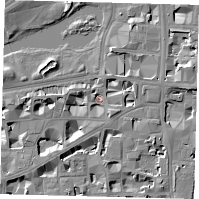 Shaded relief map of the ground around SW1P3AY, computed from Environment Agency LiDAR. The ground here sits at about 3 m above sea level and falls 10 m across the surrounding 800 m. Surface water reaching this point runs off ground lying to the east-north-east, 7.0 m higher.