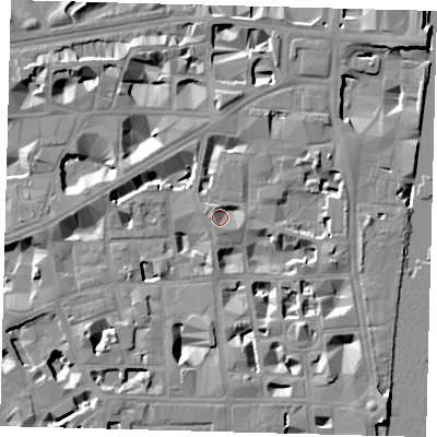 Shaded relief map of the ground around SW1P3AZ, computed from Environment Agency LiDAR. The ground here sits at about 4 m above sea level and falls 10 m across the surrounding 800 m. Surface water reaching this point runs off ground lying to the north-north-west, 3.3 m higher.
