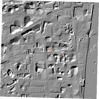 Shaded relief map of the ground around SW1P3BQ, computed from Environment Agency LiDAR. The ground here sits at about 2 m above sea level and falls 9 m across the surrounding 800 m. Surface water reaching this point runs off ground lying to the south-east, 8.9 m higher.