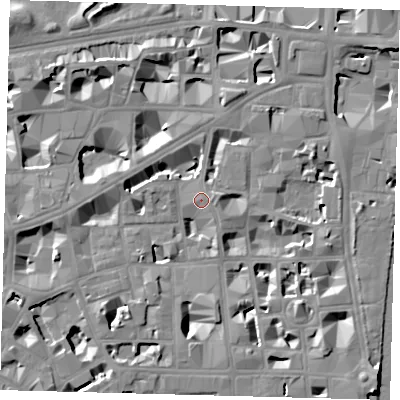 Shaded relief map of the ground around SW1P3BT, computed from Environment Agency LiDAR. The ground here sits at about 5 m above sea level and falls 9 m across the surrounding 800 m. Surface water reaching this point runs off ground lying to the south-west, 6.9 m higher.