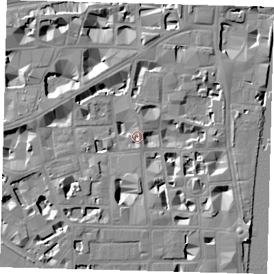 Shaded relief map of the ground around SW1P3BU, computed from Environment Agency LiDAR. The ground here sits at about 3 m above sea level and falls 9 m across the surrounding 800 m. Surface water reaching this point runs off ground lying to the south-east, 8.9 m higher.