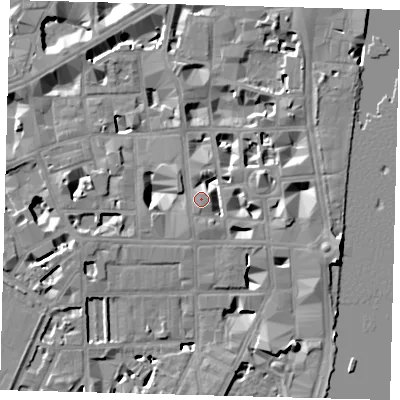 Shaded relief map of the ground around SW1P3DP, computed from Environment Agency LiDAR. The ground here sits at about 5 m above sea level and falls 9 m across the surrounding 800 m. Surface water reaching this point runs off ground lying to the east-south-east, 7.5 m higher.