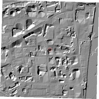 Shaded relief map of the ground around SW1P3DQ, computed from Environment Agency LiDAR. The ground here sits at about 4 m above sea level and falls 10 m across the surrounding 800 m. Surface water reaching this point runs off ground lying to the south-east, 8.9 m higher.