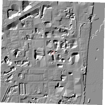 Shaded relief map of the ground around SW1P3DR, computed from Environment Agency LiDAR. The ground here sits at about 1 m above sea level and falls 9 m across the surrounding 800 m. Surface water reaching this point runs off ground lying to the east-south-east, 7.5 m higher.