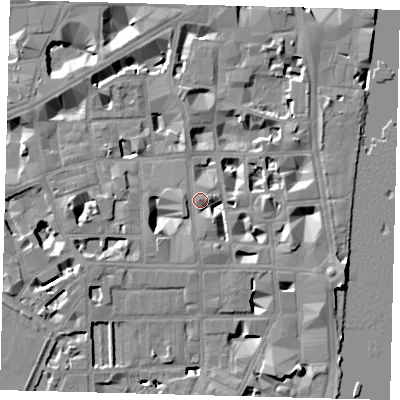 Shaded relief map of the ground around SW1P3DW, computed from Environment Agency LiDAR. The ground here sits at about 4 m above sea level and falls 9 m across the surrounding 800 m. Surface water reaching this point runs off ground lying to the east-south-east, 7.5 m higher.