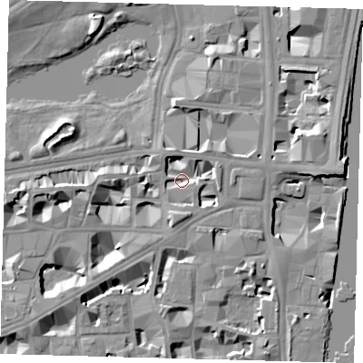 Shaded relief map of the ground around SW1P3EE, computed from Environment Agency LiDAR. The ground here sits at about 3 m above sea level and falls 10 m across the surrounding 800 m. Surface water reaching this point runs off ground lying to the east-north-east, 7.0 m higher.