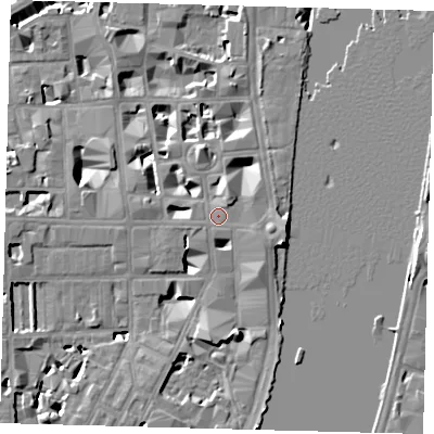 Shaded relief map of the ground around SW1P3EP, computed from Environment Agency LiDAR. The ground here sits at about 5 m above sea level and falls 9 m across the surrounding 800 m. Surface water reaching this point runs off ground lying to the east-south-east, 3.0 m higher.