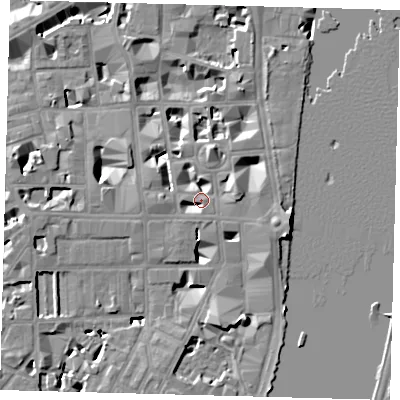 Shaded relief map of the ground around SW1P3ER, computed from Environment Agency LiDAR. The ground here sits at about 5 m above sea level and falls 9 m across the surrounding 800 m. Surface water reaching this point runs off ground lying to the east-south-east, 6.0 m higher.
