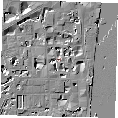 Shaded relief map of the ground around SW1P3HB, computed from Environment Agency LiDAR. The ground here sits at about 5 m above sea level and falls 9 m across the surrounding 800 m. Surface water reaching this point runs off ground lying to the south-east, 7.5 m higher.