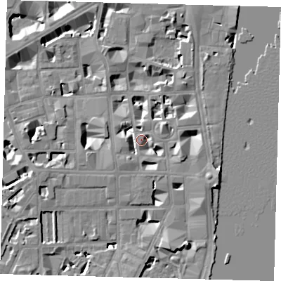 Shaded relief map of the ground around SW1P3HE, computed from Environment Agency LiDAR. The ground here sits at about 4 m above sea level and falls 9 m across the surrounding 800 m. Surface water reaching this point runs off ground lying to the east-south-east, 6.2 m higher.