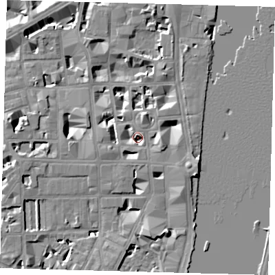 Shaded relief map of the ground around SW1P3HF, computed from Environment Agency LiDAR. The ground here sits at about 4 m above sea level and falls 9 m across the surrounding 800 m. Surface water reaching this point runs off ground lying to the east-south-east, 6.0 m higher.