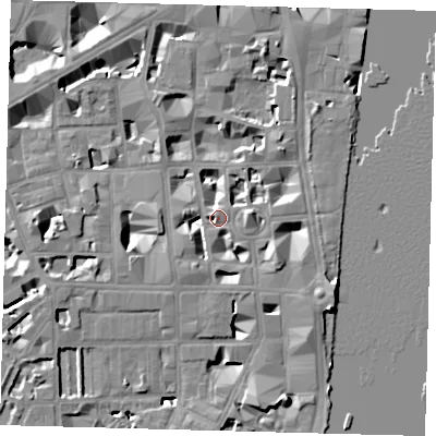 Shaded relief map of the ground around SW1P3HL, computed from Environment Agency LiDAR. The ground here sits at about 5 m above sea level and falls 9 m across the surrounding 800 m. Surface water reaching this point runs off ground lying to the east, 2.7 m higher.