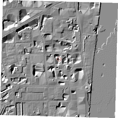 Shaded relief map of the ground around SW1P3HN, computed from Environment Agency LiDAR. The ground here sits at about 2 m above sea level and falls 9 m across the surrounding 800 m. Surface water reaching this point runs off ground lying to the south-east, 7.5 m higher.