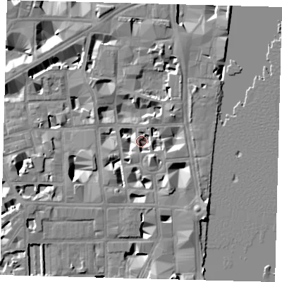 Shaded relief map of the ground around SW1P3HP, computed from Environment Agency LiDAR. The ground here sits at about 3 m above sea level and falls 9 m across the surrounding 800 m. Surface water reaching this point runs off ground lying to the south-south-east, 4.1 m higher.
