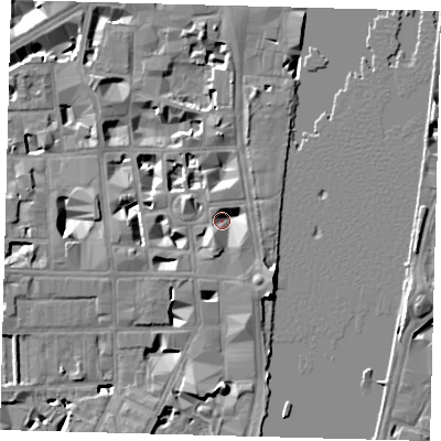Shaded relief map of the ground around SW1P3HQ, computed from Environment Agency LiDAR. The ground here sits at about 3 m above sea level and falls 9 m across the surrounding 800 m. Surface water reaching this point runs off ground lying to the south-south-west, 5.6 m higher.