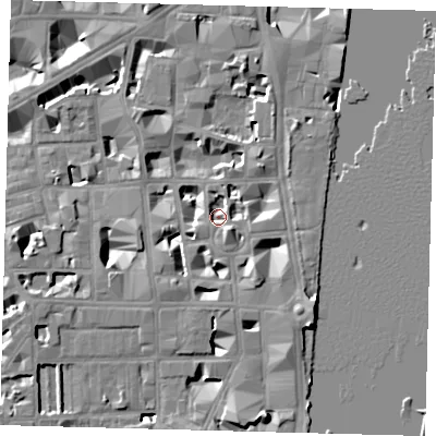 Shaded relief map of the ground around SW1P3HS, computed from Environment Agency LiDAR. The ground here sits at about 3 m above sea level and falls 9 m across the surrounding 800 m. Surface water reaching this point runs off ground lying to the south-east, 4.0 m higher.