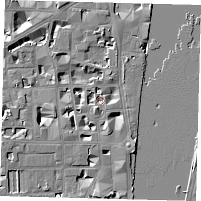 Shaded relief map of the ground around SW1P3HT, computed from Environment Agency LiDAR. The ground here sits at about 3 m above sea level and falls 9 m across the surrounding 800 m. Surface water reaching this point runs off ground lying to the south-south-west, 4.0 m higher.