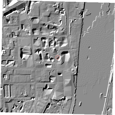 Shaded relief map of the ground around SW1P3HZ, computed from Environment Agency LiDAR. The ground here sits at about 5 m above sea level and falls 9 m across the surrounding 800 m. Surface water reaching this point runs off ground lying to the east-south-east, 3.2 m higher.