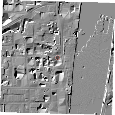Shaded relief map of the ground around SW1P3JA, computed from Environment Agency LiDAR. The ground here sits at about 3 m above sea level and falls 9 m across the surrounding 800 m. Surface water reaching this point runs off ground lying to the south, 5.6 m higher.