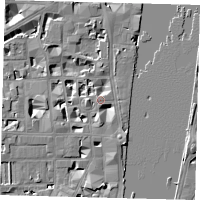 Shaded relief map of the ground around SW1P3JH, computed from Environment Agency LiDAR. The ground here sits at about 5 m above sea level and falls 9 m across the surrounding 800 m. Surface water reaching this point runs off ground lying to the south, 5.6 m higher.