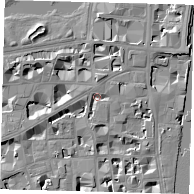 Shaded relief map of the ground around SW1P3JS, computed from Environment Agency LiDAR. The ground here sits at about 2 m above sea level and falls 10 m across the surrounding 800 m. Surface water reaching this point runs off ground lying to the north, 3.9 m higher.