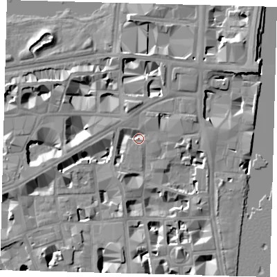 Shaded relief map of the ground around SW1P3JT, computed from Environment Agency LiDAR. The ground here sits at about 4 m above sea level and falls 10 m across the surrounding 800 m. Surface water reaching this point runs off ground lying to the north-north-west, 3.9 m higher.