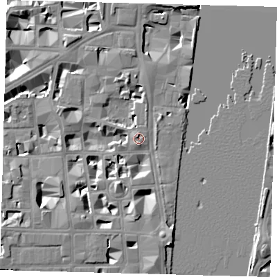 Shaded relief map of the ground around SW1P3JU, computed from Environment Agency LiDAR. The ground here sits at about 5 m above sea level and falls 10 m across the surrounding 800 m. Surface water reaching this point runs off ground lying to the north-west, 1.5 m higher.
