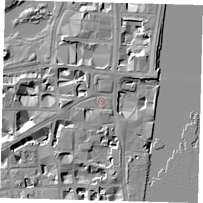 Shaded relief map of the ground around SW1P3JX, computed from Environment Agency LiDAR. The ground here sits at about 5 m above sea level and falls 10 m across the surrounding 800 m. Surface water reaching this point runs off ground lying to the south, 1.3 m higher.