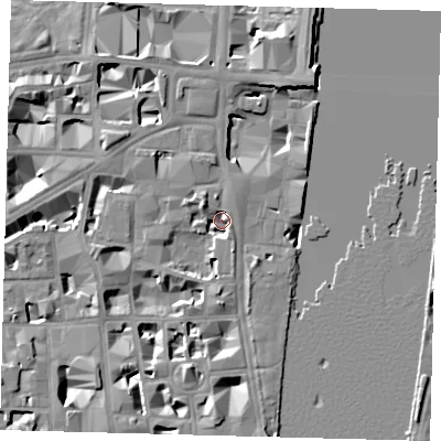 Shaded relief map of the ground around SW1P3JY, computed from Environment Agency LiDAR. The ground here sits at about 3 m above sea level and falls 10 m across the surrounding 800 m. Surface water reaching this point runs off ground lying to the north-west, 5.2 m higher.