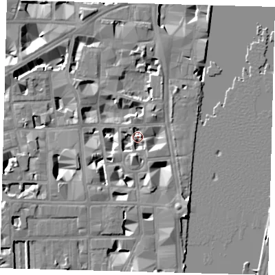 Shaded relief map of the ground around SW1P3LA, computed from Environment Agency LiDAR. The ground here sits at about 4 m above sea level and falls 9 m across the surrounding 800 m. Surface water reaching this point runs off ground lying to the south, 4.4 m higher.