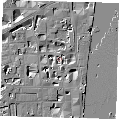 Shaded relief map of the ground around SW1P3LD, computed from Environment Agency LiDAR. The ground here sits at about 2 m above sea level and falls 9 m across the surrounding 800 m. Surface water reaching this point runs off ground lying to the south-south-east, 4.4 m higher.