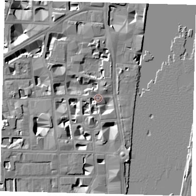 Shaded relief map of the ground around SW1P3LL, computed from Environment Agency LiDAR. The ground here sits at about 4 m above sea level and falls 9 m across the surrounding 800 m. Surface water reaching this point runs off ground lying to the south, 5.6 m higher.