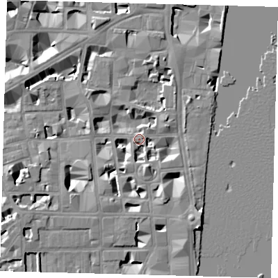 Shaded relief map of the ground around SW1P3LN, computed from Environment Agency LiDAR. The ground here sits at about 4 m above sea level and falls 9 m across the surrounding 800 m. Surface water reaching this point runs off ground lying to the south-south-east, 4.4 m higher.