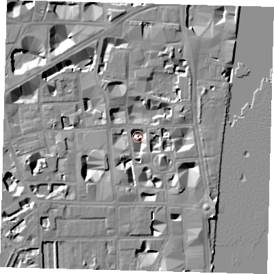 Shaded relief map of the ground around SW1P3LR, computed from Environment Agency LiDAR. The ground here sits at about 2 m above sea level and falls 9 m across the surrounding 800 m. Surface water reaching this point runs off ground lying to the south-east, 7.5 m higher.