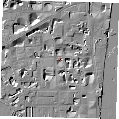 Shaded relief map of the ground around SW1P3LT, computed from Environment Agency LiDAR. The ground here sits at about 3 m above sea level and falls 9 m across the surrounding 800 m. Surface water reaching this point runs off ground lying to the south-east, 8.9 m higher.