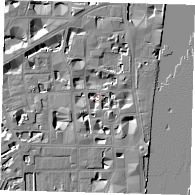 Shaded relief map of the ground around SW1P3LW, computed from Environment Agency LiDAR. The ground here sits at about 3 m above sea level and falls 9 m across the surrounding 800 m. Surface water reaching this point runs off ground lying to the south, 4.4 m higher.
