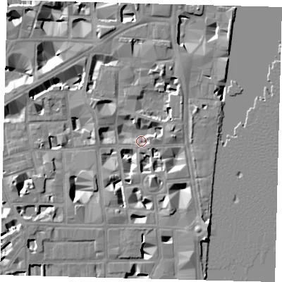 Shaded relief map of the ground around SW1P3LZ, computed from Environment Agency LiDAR. The ground here sits at about 3 m above sea level and falls 9 m across the surrounding 800 m. Surface water reaching this point runs off ground lying to the south-east, 7.5 m higher.