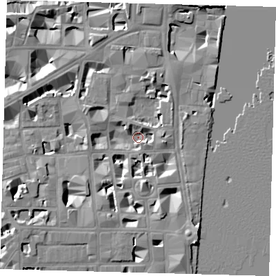Shaded relief map of the ground around SW1P3NB, computed from Environment Agency LiDAR. The ground here sits at about 2 m above sea level and falls 10 m across the surrounding 800 m. Surface water reaching this point runs off ground lying to the south-south-east, 7.5 m higher.