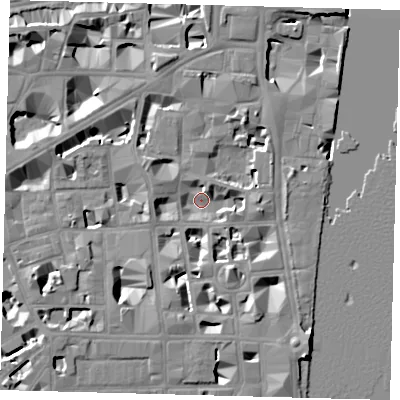Shaded relief map of the ground around SW1P3NE, computed from Environment Agency LiDAR. The ground here sits at about 3 m above sea level and falls 10 m across the surrounding 800 m. Surface water reaching this point runs off ground lying to the south-east, 8.9 m higher.