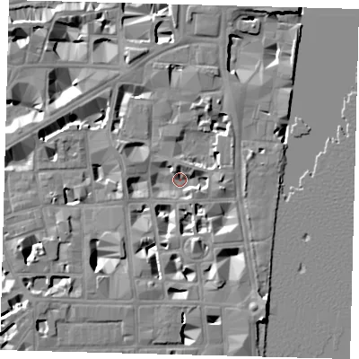 Shaded relief map of the ground around SW1P3NG, computed from Environment Agency LiDAR. The ground here sits at about 2 m above sea level and falls 10 m across the surrounding 800 m. Surface water reaching this point runs off ground lying to the south-south-east, 7.5 m higher.