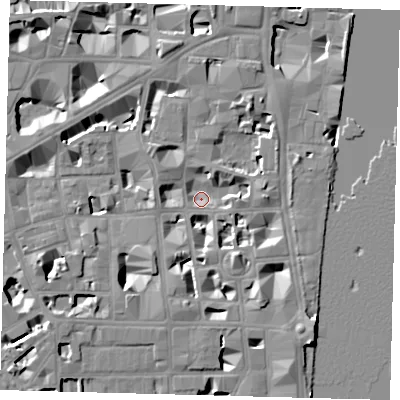 Shaded relief map of the ground around SW1P3NQ, computed from Environment Agency LiDAR. The ground here sits at about 2 m above sea level and falls 9 m across the surrounding 800 m. Surface water reaching this point runs off ground lying to the south-east, 8.9 m higher.