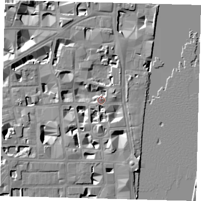 Shaded relief map of the ground around SW1P3NR, computed from Environment Agency LiDAR. The ground here sits at about 5 m above sea level and falls 9 m across the surrounding 800 m. Surface water reaching this point runs off ground lying to the south-south-east, 5.6 m higher.