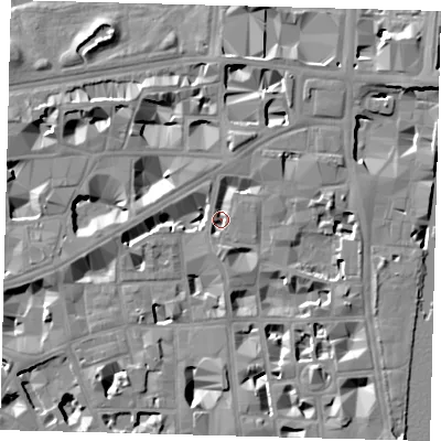 Shaded relief map of the ground around SW1P3NY, computed from Environment Agency LiDAR. The ground here sits at about 3 m above sea level and falls 10 m across the surrounding 800 m. Surface water reaching this point runs off ground lying to the south-south-east, 3.6 m higher.