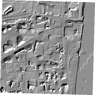 Shaded relief map of the ground around SW1P3PA, computed from Environment Agency LiDAR. The ground here sits at about 4 m above sea level and falls 10 m across the surrounding 800 m. Surface water reaching this point runs off ground lying to the east-north-east, 4.1 m higher.