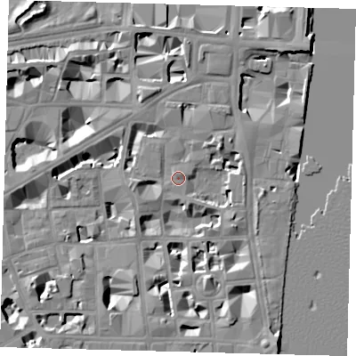 Shaded relief map of the ground around SW1P3PB, computed from Environment Agency LiDAR. The ground here sits at about 4 m above sea level and falls 10 m across the surrounding 800 m. Surface water reaching this point runs off ground lying to the north-east, 5.2 m higher.