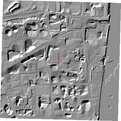 Shaded relief map of the ground around SW1P3PD, computed from Environment Agency LiDAR. The ground here sits at about 4 m above sea level and falls 10 m across the surrounding 800 m. Surface water reaching this point runs off ground lying to the east-north-east, 5.2 m higher.