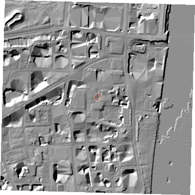 Shaded relief map of the ground around SW1P3PF, computed from Environment Agency LiDAR. The ground here sits at about 4 m above sea level and falls 10 m across the surrounding 800 m. Surface water reaching this point runs off ground lying to the east-north-east, 4.1 m higher.