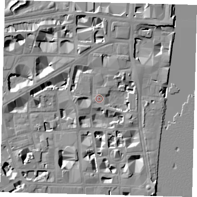 Shaded relief map of the ground around SW1P3PG, computed from Environment Agency LiDAR. The ground here sits at about 4 m above sea level and falls 10 m across the surrounding 800 m. Surface water reaching this point runs off ground lying to the north-east, 5.2 m higher.
