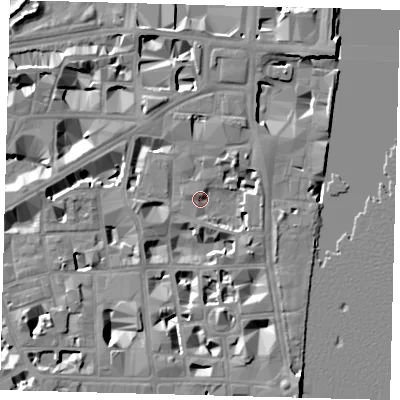 Shaded relief map of the ground around SW1P3PH, computed from Environment Agency LiDAR. The ground here sits at about 3 m above sea level and falls 10 m across the surrounding 800 m. Surface water reaching this point runs off ground lying to the north-east, 5.2 m higher.